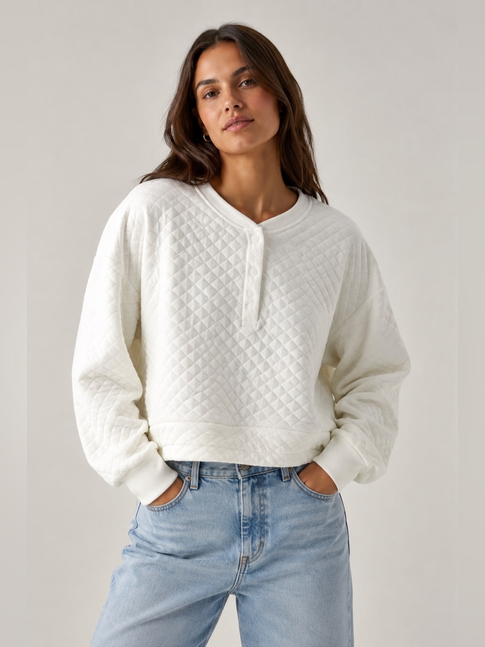 Hyba Quilted Henley Pullover Coconut Milk White XL